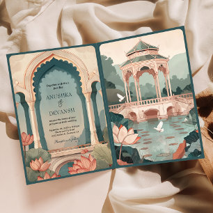 Vintage Lotus Pond Rustic Indian Palace Wedding Invitation