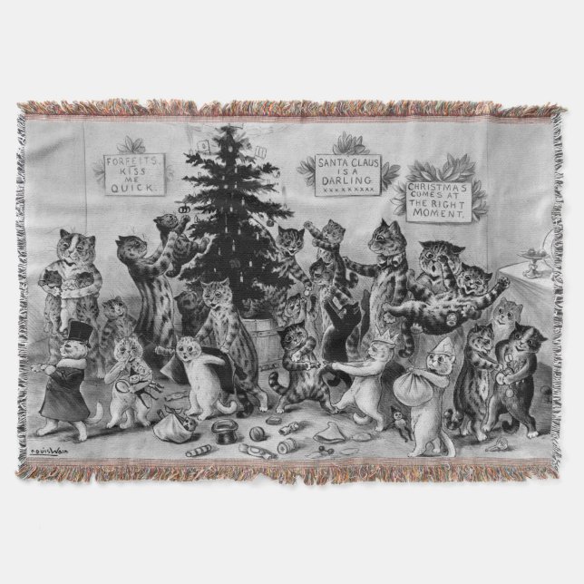 Vintage Louis Wain Cats Celebrating Christmas Throw Blanket (Front)