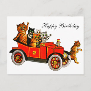 Vintage Louis Wain Cats in Car Happy Birthday Postcard