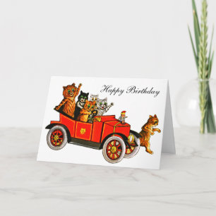 Vintage Louis Wain Cats in Car Happy Birthday Thank You Card