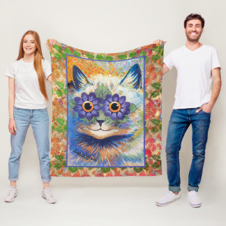Vintage Louis Wain Flower Power Cat Art Fleece Blanket