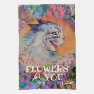 Vintage Louis Wain Happy Flower Cat Art Tea Towel