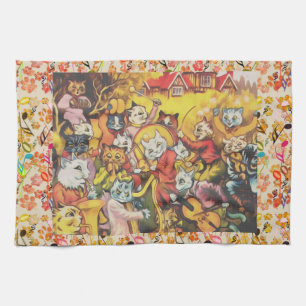 Vintage Louis Wain Jazzy Musical Cats Band Tea Towel