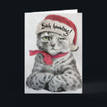 Vintage Louis Wain Santa Tabby Cat Art Holiday Card<br><div class="desc">A funny holiday card for the Christmas cynic, with a beautiful pencil sketch portrait of an embarrassed looking silver point tabby cat by English feline artist Louis Wain. Originally in black and white I've given the grudgingly festive tabbycat green eyes, added a dash of red to the cat's neck ribbon...</div>