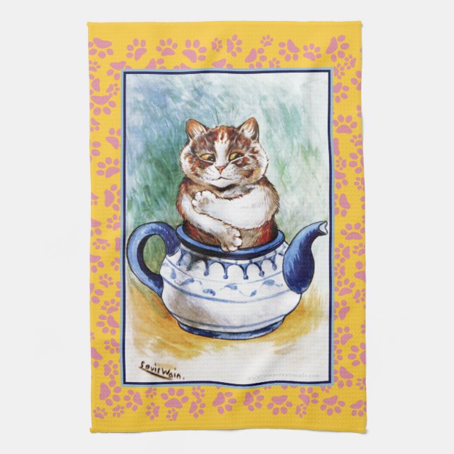 Vintage Louis Wain Teapot Cat Paw Tea Towel (Vertical)