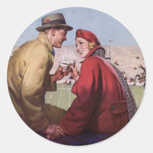 Vintage Love and Romance, Couple at Football Game Classic Round Sticker