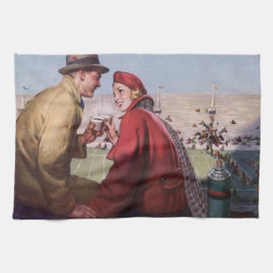 Vintage Love and Romance, Couple at Football Game Tea Towel