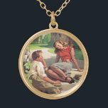 Vintage Love and Romance, High School Sweethearts Gold Plated Necklace<br><div class="desc">Vintage illustration love and romance design featuring a cute young couple flirting at school. The teenagers are sitting with their textbooks on some steps in the shade of the trees om campus.</div>