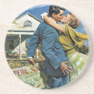 Vintage Love and Romance Newlyweds Buy First House Coaster