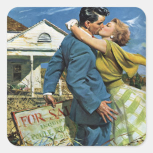Vintage Love and Romance Newlyweds Buy First House Square Sticker