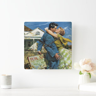 Vintage Love and Romance Newlyweds Buy First House Square Wall Clock