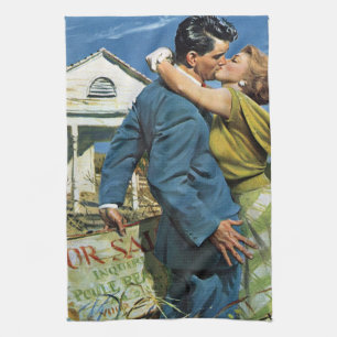 Vintage Love and Romance Newlyweds Buy First House Tea Towel