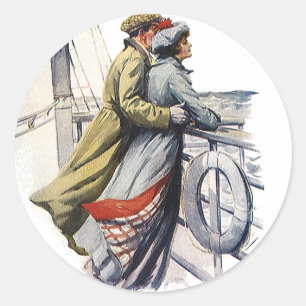 Vintage Love and Romance, Newlyweds on Cruise Ship Classic Round Sticker
