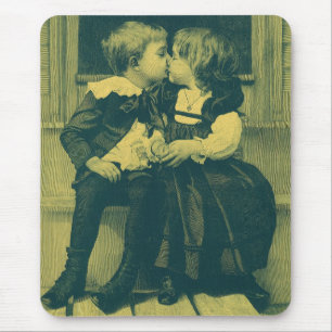 Vintage Love and Romance Photo, Children Kiss Mouse Mat