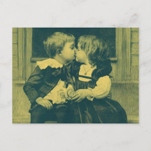 Vintage Love and Romance Photo, Children Kiss Postcard