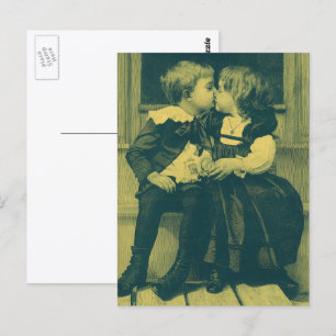 Vintage Love and Romance Photo, Children Kiss Postcard