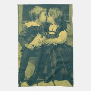 Vintage Love and Romance Photo, Children Kiss Tea Towel