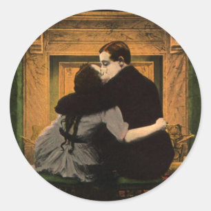 Vintage Love and Romance, Romantic Fireplace Kiss Classic Round Sticker