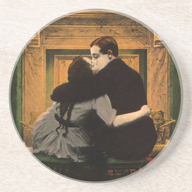 Vintage Love and Romance, Romantic Fireplace Kiss Coaster (Front)