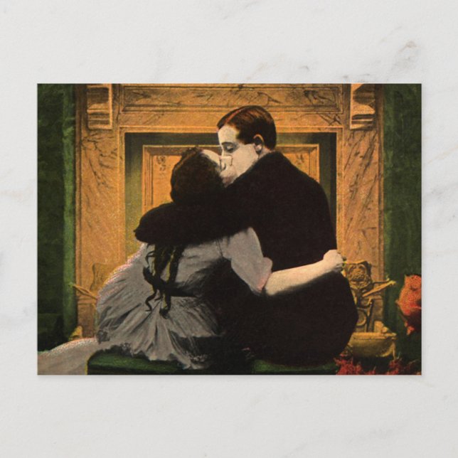 Vintage Love and Romance, Romantic Fireplace Kiss Postcard (Front)
