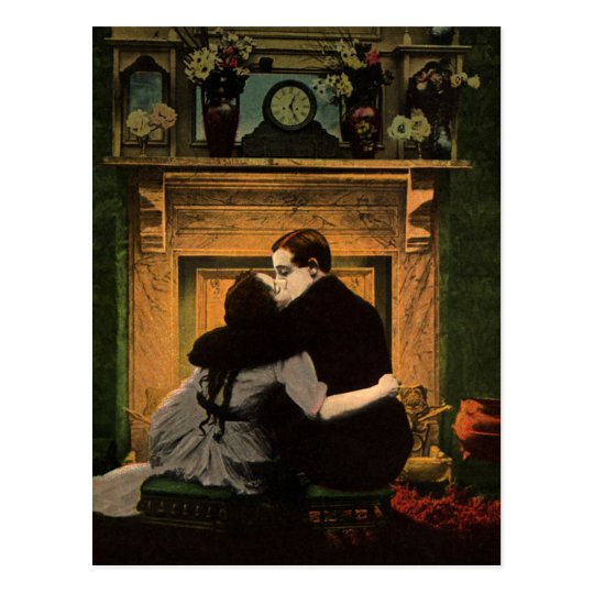 Vintage Love And Romance Romantic Fireplace Kiss Postcard