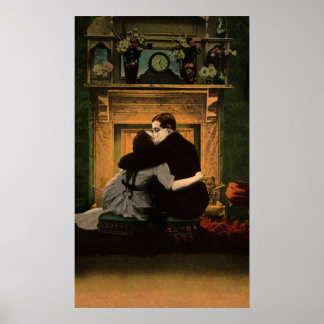 Vintage Love and Romance, Romantic Fireplace Kiss Poster