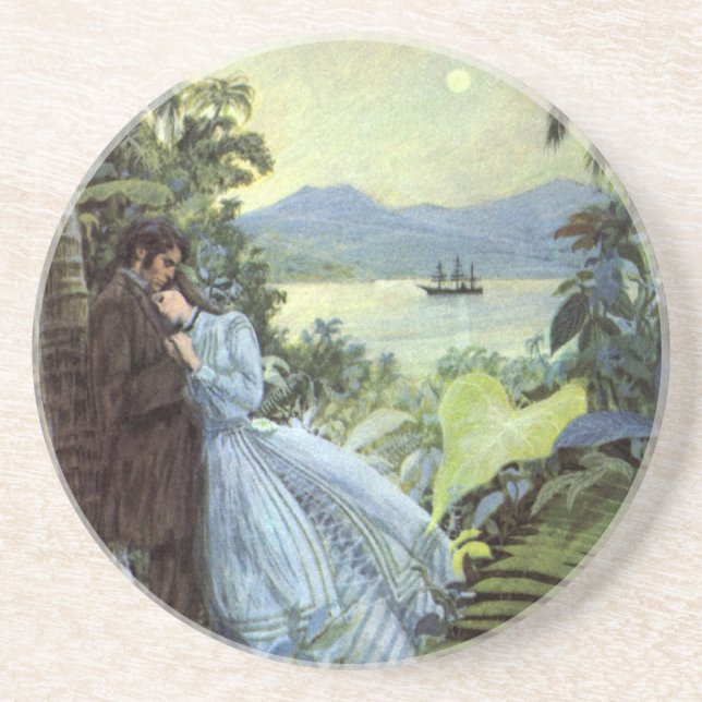 Vintage Love and Romance, Romantic Tropical View Coaster (Front)