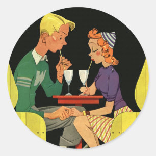 Vintage Love and Romance, Teens at the Soda Shop Classic Round Sticker