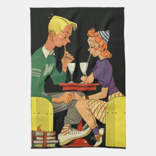 Vintage Love and Romance, Teens at the Soda Shop Tea Towel