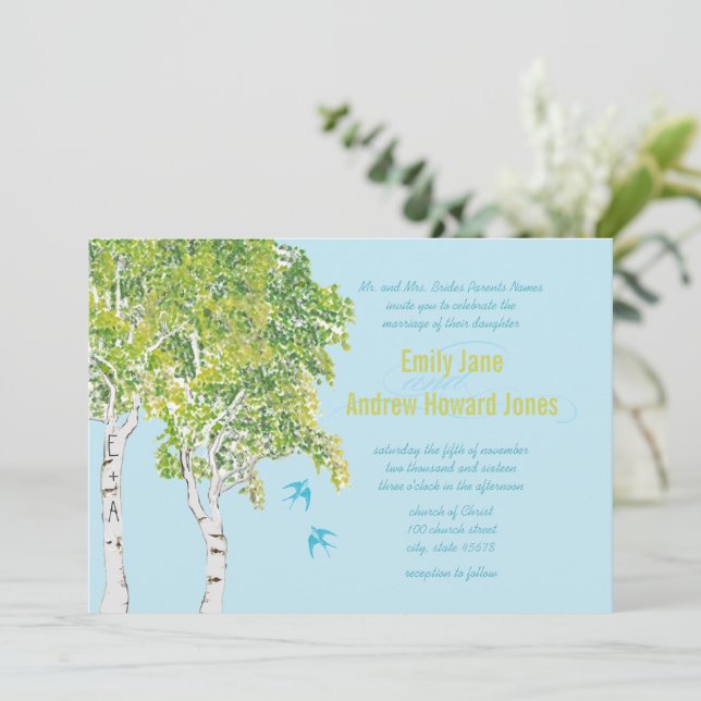 Vintage Love Bird Birch Tree Wedding Invitations (Standing Front)