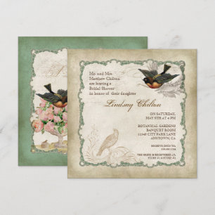 Vintage Love Bird Blush Rose Bouquet Bridal Shower Invitation