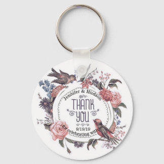 Vintage Love Bird Floral Thank You Wedding Favour Key Ring
