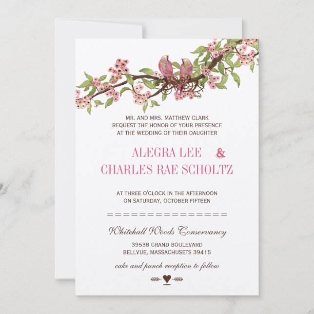 Vintage Love Bird Pink Cherry Blossom Wedding Invitation (Front)