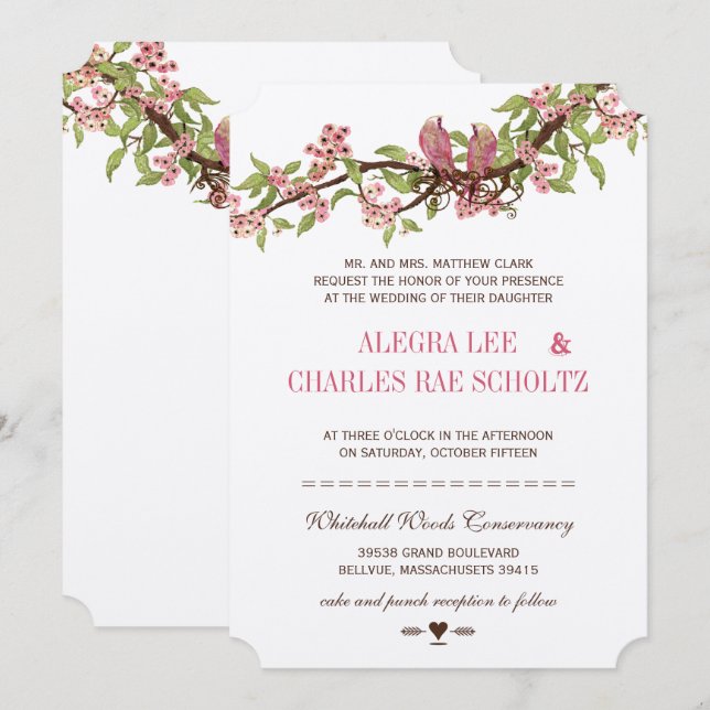Vintage Love Bird Pink Cherry Blossom Wedding Invitation (Front/Back)