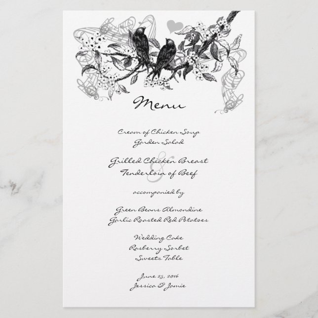 Vintage Love Bird White Flower Branch Wedding Menu (Front)