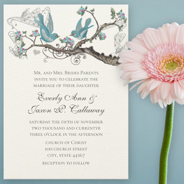 Vintage Love Birds Aqua Blue and Pink Wedding Invitation (Creator Uploaded)