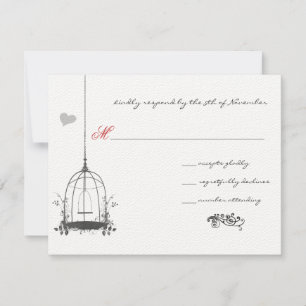 Vintage Love Birds Birdcage Red Accents Wedding RSVP Card