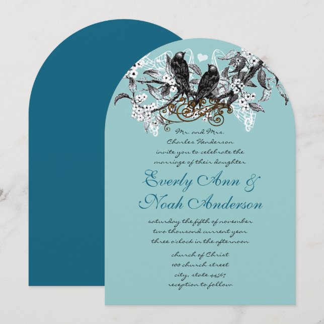 Vintage Love Birds Blue Branch Wedding Invitation (Front/Back)