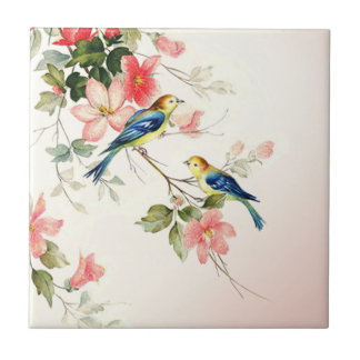 Vintage Love Birds | blush pink white Tile