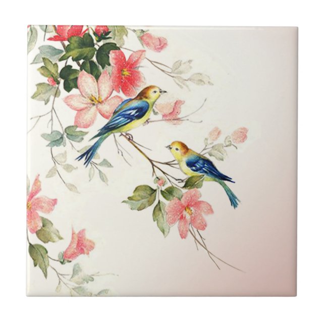 Vintage Love Birds | blush pink white Tile (Front)