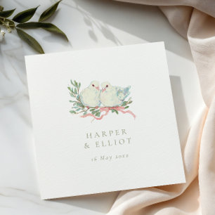 Vintage Love Birds & Bow Sage & Pink Wedding Napkin