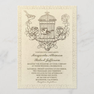 vintage love birds cage wedding invitations