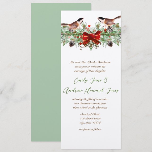 Vintage Love Birds Chickadee. Christmas Wedding  Invitation (Front/Back)