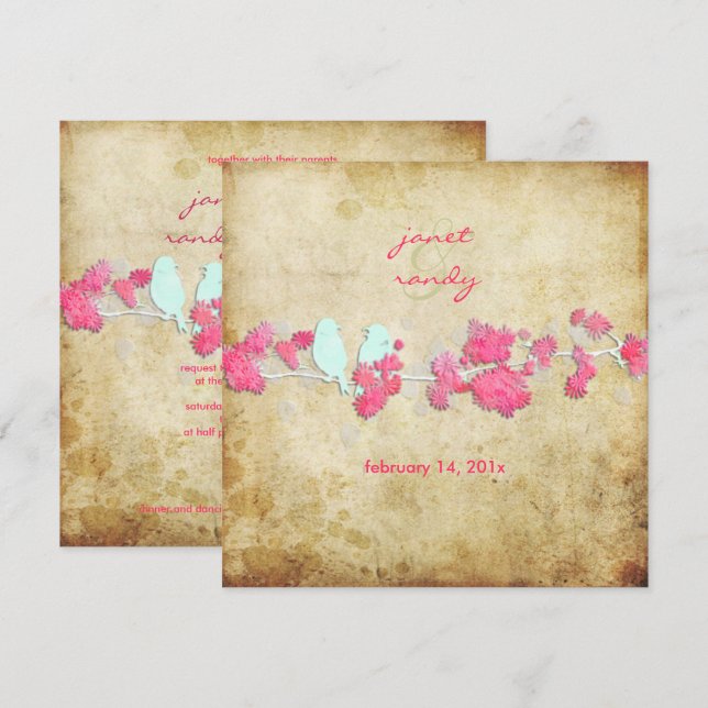 Vintage love birds/colourful blossoms invitation (Front/Back)