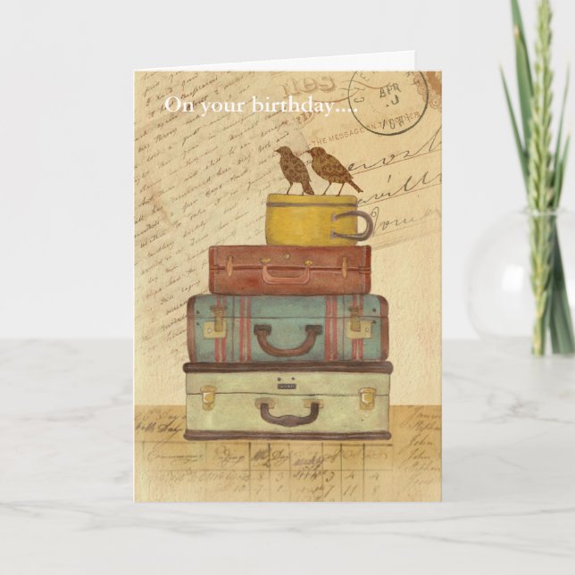 Vintage Love Birds Folded Birthday Card (Front)