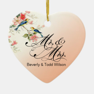 Vintage Love Birds Mr. & Mrs.   peach PHOTO Ceramic Tree Decoration