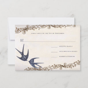 Vintage Love Birds Navy Wedding RSVP Card