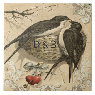 Vintage Love Birds Nest French Decor Wedding Date Tile