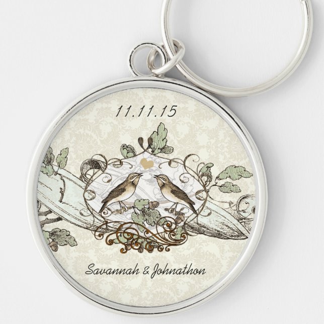 Vintage Love Birds Oak Wedding Key Chain (Front)