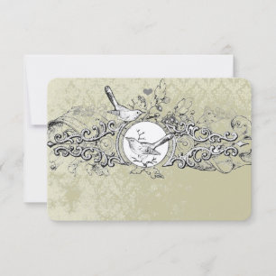 Vintage Love Birds Olive Musical Scroll Wedding RSVP Card